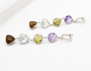 Natural Multi Gemstone <b>Earrings</b> On 925 Sterling <b>Silver</b> Spiral Faceted Amethyst Lemon Quartz Peridot Smoky Topaz Long Drop <b>Dangle</b> - Product Image 2