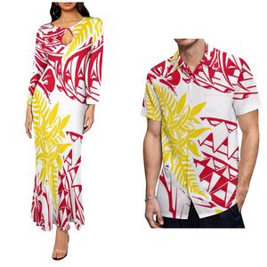 Blusa Morada para Hombre con Elegante Estampado Tropical Dorado, Conjunto de Pareja con Diseño Tribal Polinesio - Product Image 3