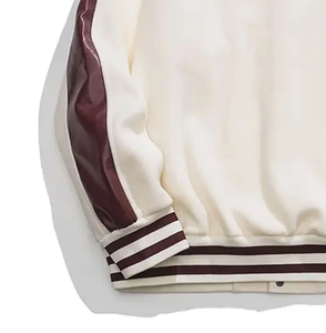 Veste universitaire crème pour homme avec manches en PU bordeaux, rayures, col rabattu, fermeture éclair, vêtement d'automne - Product Image 3