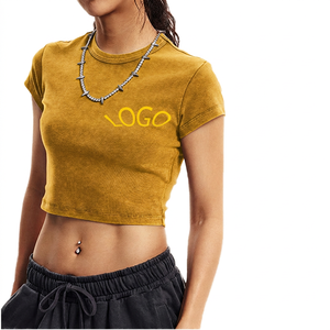Women's <b>Cropped</b> Crew Neck T-Shirt Solid Color Short Sleeve Knitted Cotton Breathable Casual Front Logo Design - Product Image 3
