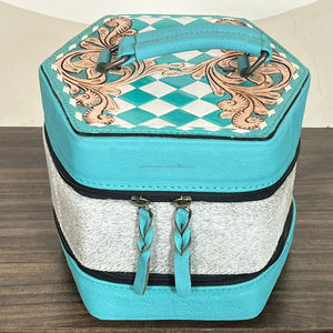 High End Western <b>Tooled</b> Cowhide Turquoise Checkered <b>Leather</b> Jewelry Case Premium Double Layer <b>Leather</b> Travel Jewelry Organizer - Product Image 4