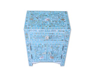 Mesita de Noche con Incrustaciones de Hueso, Gabinete con Patrón Floral, Cajón y Puerta de Almacenamiento para Dormitorio - Product Image 1