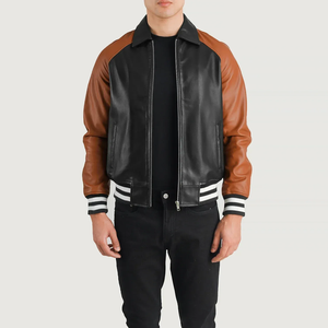 <b>Men's</b> Brown <b>Leather</b> Bomber <b>Jacket</b> Turn-down Collar Zipper Closure Casual Autumn Wear Regular Fit - Product Image 4