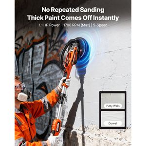 Ponceuse électrique double plateau 850W à LED pour plaques de plâtre, 5 vitesses variables 800-1700 tr/min, outil de décapage de plafonds popcorn, ponceuse de sol - Product Image 2