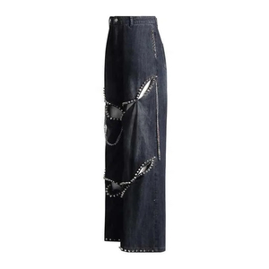 Pantalones anchos vintage de mezclilla con cadena y patchwork para mujer, de cintura alta, holgados, estilo urbano, vaqueros baggy en oferta - Product Image 3
