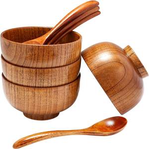 Nouveauté 2026 – Bols et cuillères en bois faits main, polis, écologiques, style américain, pour riz, salade et décoration, 4 ensembles, diamètre 4,5 pouces - Product Image 1
