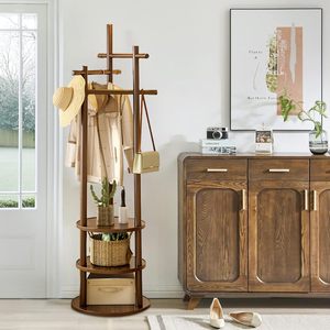 Porte-manteau pliable en bois massif avec rangement sur roulettes, 3 étagères et 6 crochets, design moderne autoportant pour l'entrée de la maison - Product Image 1