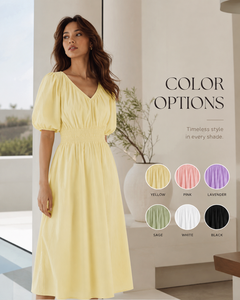 เดรสยาวลำลองแฟชั่นใหม่สำหรับผู้หญิง สีเหลืองอ่อน ผ้าฝ้าย 100% คอวี แขนพอง แต่งสม็อค ทรงปล่อยชายระบาย เหมาะสำหรับใส่ไปชายหาด สไตล์เรียบง่าย สวมใส่สบาย - Product Image 2