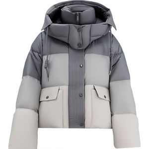 Chaqueta Acolchada con Capucha y Bloques de Color para Mujer, Abrigo de Invierno con Manga Larga, Relleno Grueso de Poliéster, Cierre de Cremallera, Largo Corto - Product Image 3