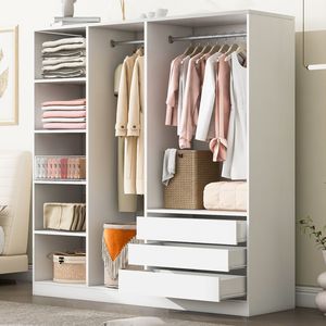 Armadio Bianco in Legno Senza Porte con Ripiani e 3 Cassetti per Camera da Letto - Product Image 2