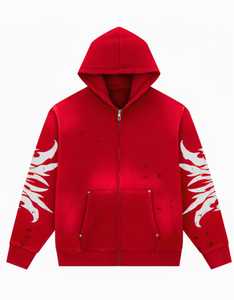 Sweat-shirt à capuche zippé rouge pour homme, coupe classique, décontracté, tricoté, 100 % coton, respirant, doublure polaire, imprimé flamme, avec poches - Product Image 1