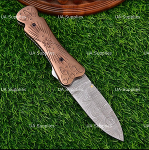 UA Supplies Hand Engraved <b>Copper</b> Handle Damascus Steel EDC Thumb <b>Knob</b> Liner Lock Folding Hunting Knife Leather Pouch Outdoor - Product Image 3