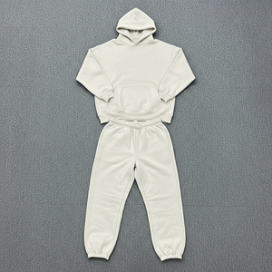 Men's White Hooded Sweatshirt <b>Set</b> Solid Color Casual Fleece Joggers Winter Wear 100% Cotton Streetwear Breathable - Product Image 5