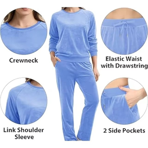 Conjunto Deportivo Elegante de Terciopelo Azul para Mujer, Sudadera y Pantalones de Corte Holgado, Diseño Personalizado, Conjunto de Salón de Terciopelo Azul Suave - Product Image 3