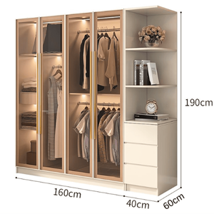 Ohaha Modern Glass Door <b>Wardrobe</b> with LED Light 160cm x 60cm x 190cm 3 Drawers Sliding Door Bedroom Furniture - Product Image 1