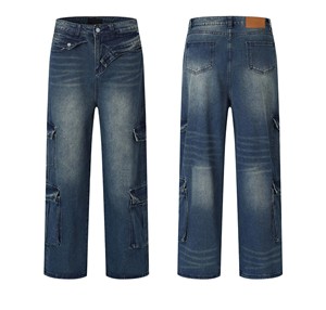 Custom Wholesale Oxford Acid Wash <b>Elastic</b> <b>Waist</b> Lightweight Breathable High Street Straight <b>Jean</b> Loose Baggy Denim Pants - Product Image 5