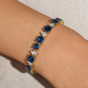 Pulsera con Dije de Zafiro Azul Cultivado en Laboratorio, Corte Princesa, para Mujer, Plata de Ley 925, Chapada en Oro, Joyería Fina Elegante, Regalo - Product Image 4