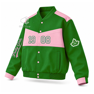อัลฟ่า |   คาปา |   เสื้อแจ็คเก็ตหนัง PU แบบ Varsity ของ Alpha Sorority สำหรับผู้หญิง แจ็คเก็ตบอมเบอร์หนังเทียมติดกระดุมแบบ Snap คอตั้ง - Product Image 2