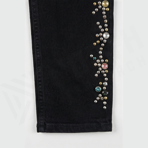 Jean slim taille haute en denim foncé pour homme, broderie sequin, coupe droite, style décontracté automne, pantalon en coton - Product Image 6