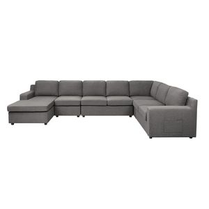 Divano Sezionale a U Waylon 145.5'' in Lino Grigio a 7 Posti con Chaise Longue e Tasca per Soggiorno - Product Image 2