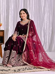 Robe Anarkali traditionnelle indienne et pakistanaise pour femmes, en velours brodé, longueur au sol, coupe régulière, style hiver, robe de mariage - Product Image 3