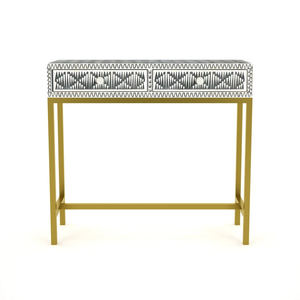 Una vibrante mesa consola con incrustaciones de hueso turquesa y tres cajones de almacenamiento, con un marco metálico minimalista, a precio de mayorista. - Product Image 2