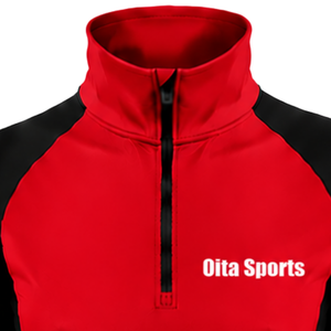 Women Quarter Zip Athletic <b>Top</b> <b>Red</b> <b>Long</b> <b>Sleeve</b> Fitted Sports Training Shirt High Collar Thumbhole Performance Activewear - Product Image 3
