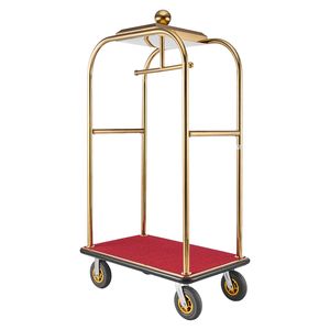 Heavy Duty Hotel <b>Luggage</b> Cart 1200 Lbs Capacity Stainless Steel Frame 8 Rubber <b>Wheels</b> Red Carpeted Deck - Product Image 1