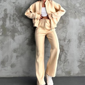 <b>Women's</b> Brown Hooded 100% Cotton <b>Tracksuit</b> Set Jacket Wide Leg Jogger Pants Casual Two Piece Outfit Drawstring Sweatshirt - Product Image 2
