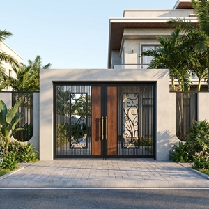 Puerta Batiente Metálica de Estilo Europeo con Acabado en Grano de Madera, Recubrimiento en Polvo Resistente para Exteriores, Uso en Villas, Fácil Instalación - Product Image 6