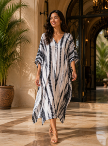 Black <b>White</b> Tie Dye Eco-Friendly Cotton Kaftan <b>Maxi</b> Dress V Neck Modern Bohemian Party Wear Kimono Robe - Product Image 2