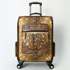Real Fur <b>Soft</b> Shell Suitcase With Tooled Leather Floral Design 360 Degree Spinner <b>Wheels</b> Unisex Travel <b>Luggage</b> - Product Image 6