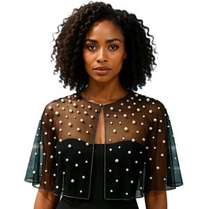 <b>Women's</b> Capelet <b>Shrug</b> Set of 3 – Red, Black & <b>White</b> Net with Pearl & Beaded Embellishments - Product Image 2