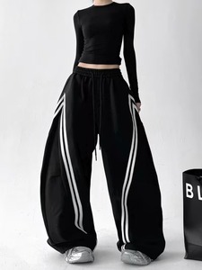 Black Contrast Side Stripe Double Bar Straight Leg Flat Front <b>Summer</b> Women's Fashion Casual Trendy Street Long <b>Pants</b> - Product Image 5