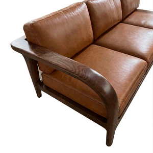 Brown Faux Leather Three Seat Sofa Padded Arms Foam Filling Durable Comfortable Modern Design for Living Room Solid <b>Oak</b> <b>Frame</b> - Product Image 1