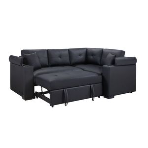 Divano letto componibile Donovan 84.5"W in tessuto PVC nero con caricatore USB, portabicchieri e braccioli contenitore - Product Image 2