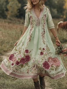 Nouvelle robe maxi bohème élégante en vert menthe, brodée de fleurs, d'inspiration vintage, col en V, en coton et lin, coupe évasée pour femmes - Product Image 2
