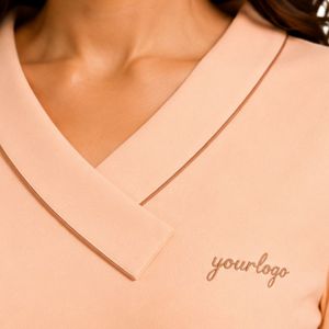 <b>Peach</b> Womens Asymmetric V Neck Short Sleeve T <b>Shirt</b> Floral Embroidery Contrast Piping Customized Logo Casual Wholesale Apparel - Product Image 5