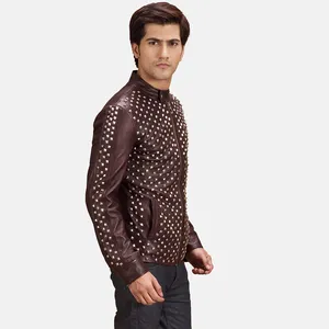 Veste de motard en cuir bordeaux cloutée vintage écologique pour homme Blix Bono - Product Image 3