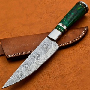 Cuchillo de caza de acero de Damasco con punta de gota, mango de madera verde y diseño de espiga completa - Product Image 2
