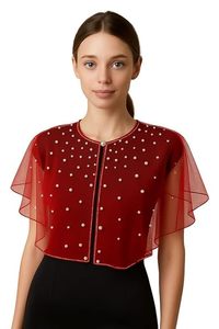 <b>Women's</b> Capelet <b>Shrug</b> Set of 3 – Red, Black & <b>White</b> Net with Pearl & Beaded Embellishments - Product Image 1