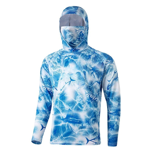 Men's Long Sleeve Hooded Fishing Shirt UPF Sun Protection Pullover <b>Top</b> with Blue Fish Pattern - Product Image 1