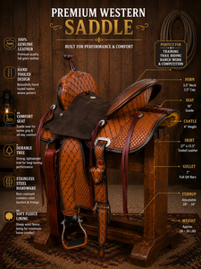Selle de cheval en cuir occidental artisanale de qualité supérieure |   Selle de dressage en cuir de vache véritable avec arceau en bois et quincaillerie nickelée - Product Image 6