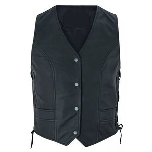 Chaleco de Cuero para Motocicleta para Hombre, Elegante Chaleco de Cuero Negro con Botones a Presión en la Parte Delantera y Diseño de Cordones Laterales Ajustables - Product Image 1