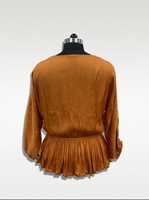 Chemisier plissé à col en V et manches longues pour femme, taille élastique, coupe ample, couleur unie, décontracté, en tissu viscose tissé, collection printemps