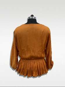 V-Neck Long Sleeve Pleated <b>Top</b> Elastic Waist Loose Fit Solid Color Casual Women's Blouse Spring <b>Viscose</b> Woven Fabric - Product Image 2
