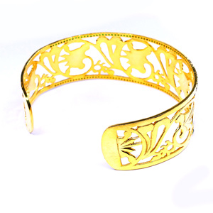 925 <b>Silver</b> Vintage Gold Plated <b>Cuff</b> <b>Bracelet</b> With Green Rhinestone Inlay Plant Pattern Women's Alloy Jewelry - Product Image 4