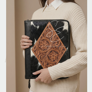 <b>File</b> Cover Tooled Leather Portfolio <b>Folder</b> Hair On A4 <b>Organizer</b> Zipper Case Vintage Black Office Padfolio Custom Certificate Bag - Product Image 4