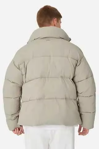 Men's Beige Puffer <b>Jacket</b> Stand Collar Zipper Closure Windproof Thick Insulated Casual <b>Winter</b> Wear Solid Color Regular Fit - Product Image 4