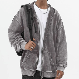 Sweat à capuche zippé pour homme Winters Grey 100% Coton Polaire, délavé à l'acide, teint uni, brodé, coupe oversize, effet délavé soleil - Product Image 2